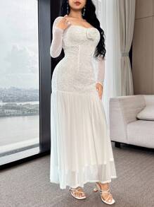Feyla Women 3D Floral Decor Mesh Insert Long Sleeve Elegant Mid-Length Dress - White - View 1