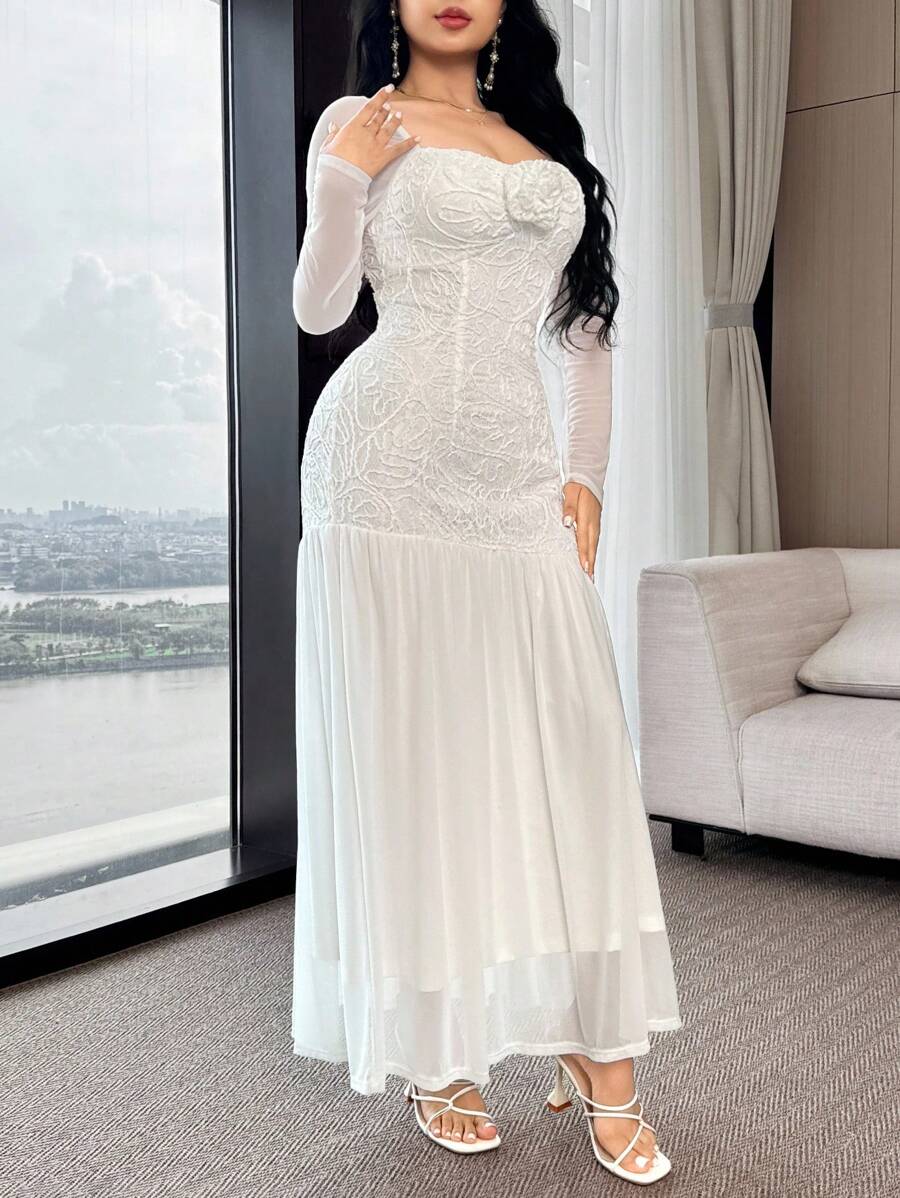 Feyla Women 3D Floral Decor Mesh Insert Long Sleeve Elegant Mid-Length Dress - White - View 1