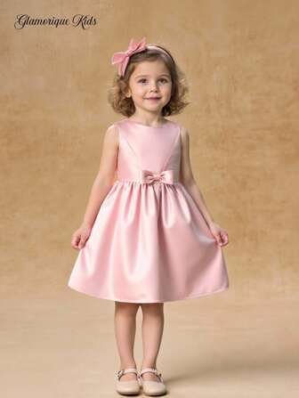 SHEIN Glamorique Kids Robe de fête élégante à la taille avec un nœud papillon pour jeune fille, style printemps/été sans manches en faille