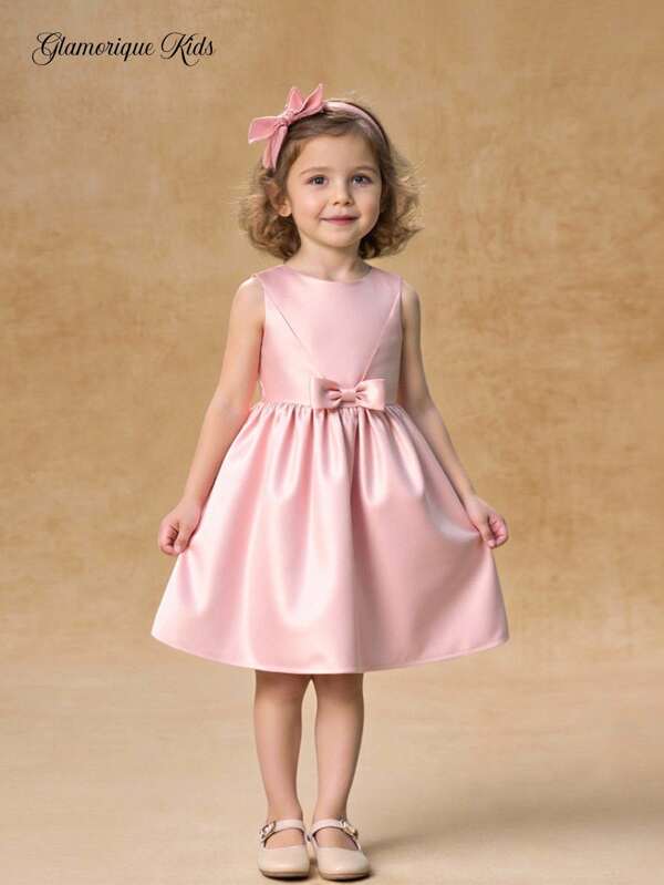 SHEIN Glamorique Kids Young Girl' Spring/Summer Sleeveless Faille Bowknot Waist A-Line Elegant Party Dress