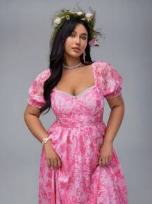 Flirla Plus Size Sweet Palace Style Puff Sleeve Elegant A-Line Dress - Multicolor - View 6