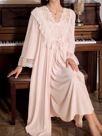 PalaceNights 2pcs Pajama Set: Floral Embroidered Splice Cami Nightgown & Robe, Fall Winter Clothes