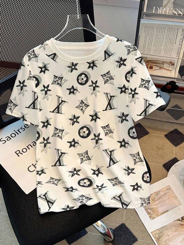 INAWLY Women's Top, Round Neck, Short Sleeve, Geometric Pattern Print Fashion 2025 New Women's T-Shirt Spring/Summer Style