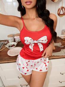 SweetSlumber Conjunto de pijama de mujer con estampado de moño y corazón, estilo dulce