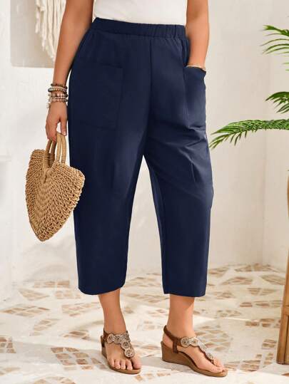 EMERY ROSE Plus Size Women's Solid Pocket Tapered Casual Capri Pants, Vacation,Summer Navy Blue Summer Capri Pants
