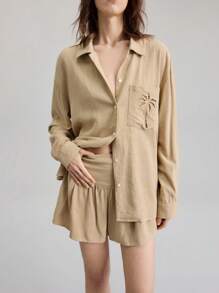 Ontre 2 Pieces Women's Summer Set: Solid Color Long Sleeve Shirt + Shorts, Fashionable, Suitable For Independence Day, St. John's Day, Beach, Vacation, Graduation, Office, Beach Wear, Holiday, Tea Party, Party - Khaki - View 5