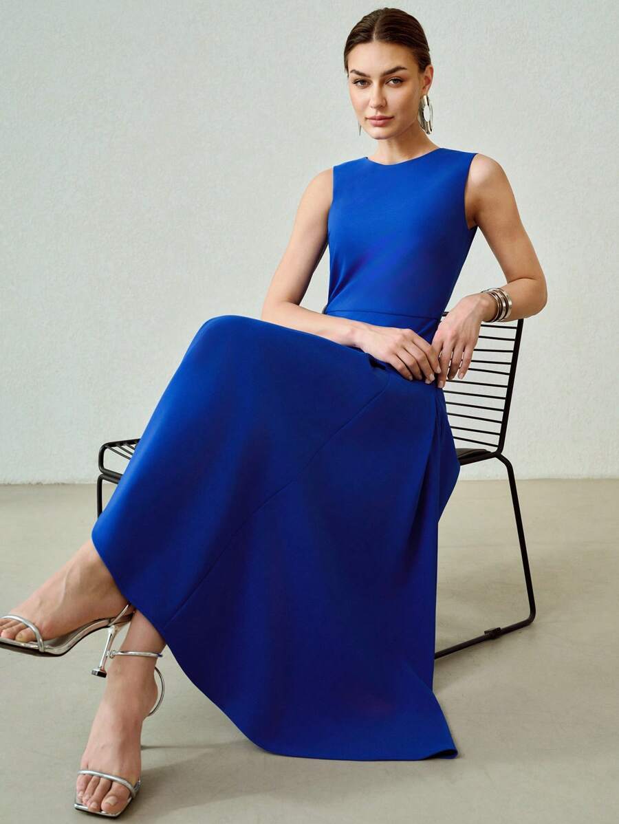 MOTF PREMIUM VESTIDO MIDI SIN MANGAS CON BAJO ASIMÉTRICO - Azul - Ver 1