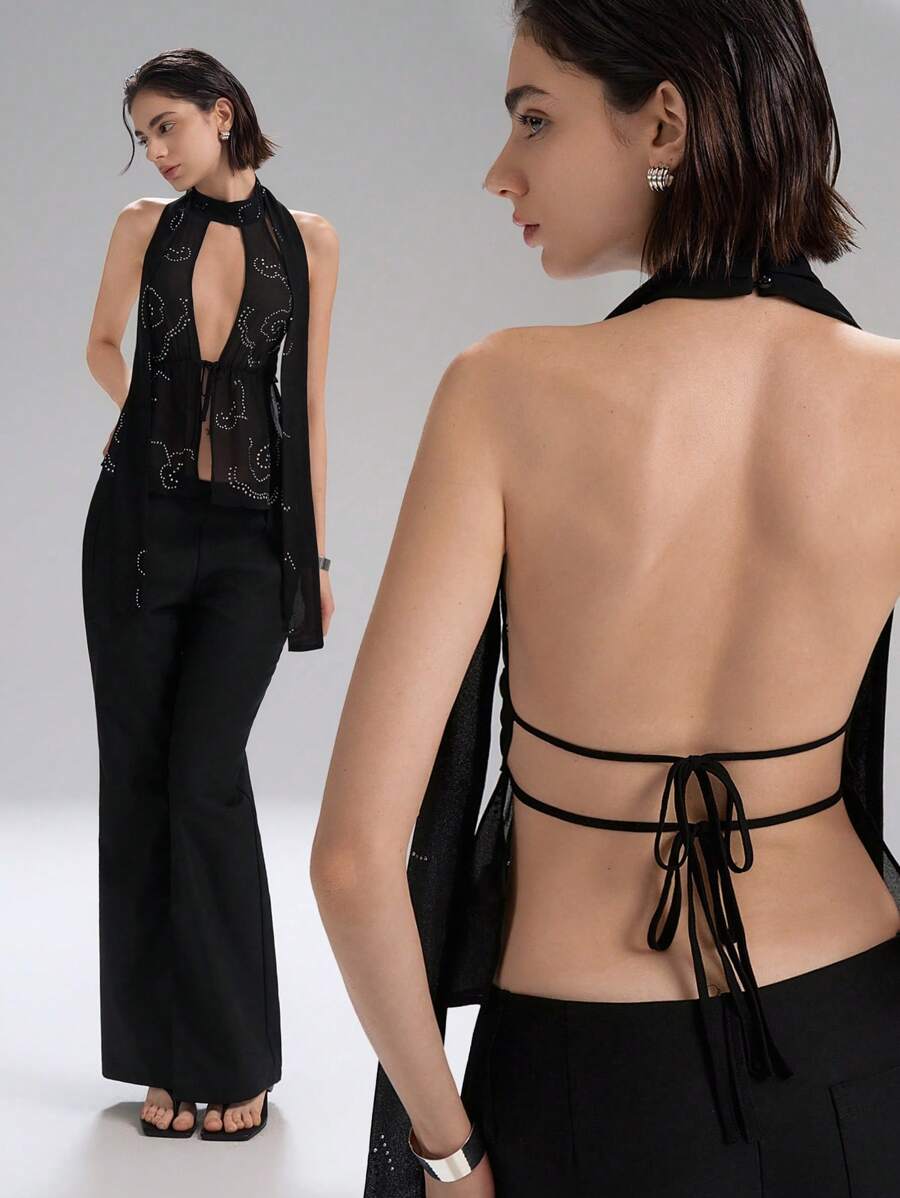 LYSMO Áo yếm không tay mùa hè mới 2025 dành cho nữ có trang trí cổ áo, thiết kế đính đá hở lưng, viền không đều, thời trang đường phố, táo bạo và cá tính - màu đen - Xem 1