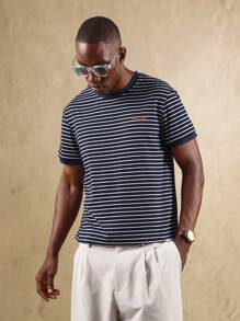 SUMWON Camiseta Vintage de Rayas con Cuello y Puños Contrastantes, Casual de Verano y Primavera, Esencial de Algodón, Top Retro de Club y Streetwear Básico