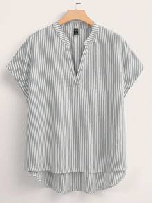 EMERY ROSE Plus Size Women Striped V-Neck Batwing Short Sleeve Casual Loose Fit Tunic Blouse Striped Top Striped Blouse Summer Top Preppy Top V-Neck Top - Black - View 1