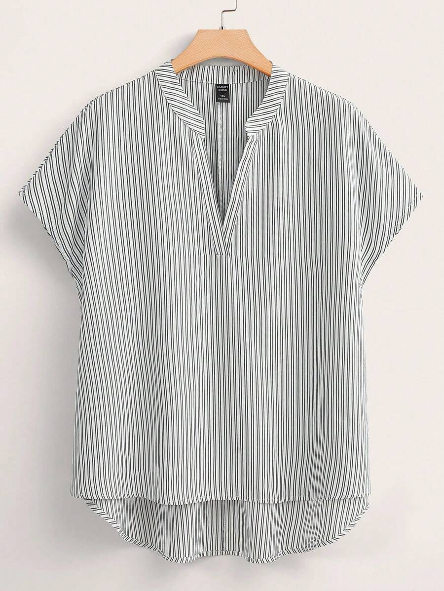 EMERY ROSE Plus Size Women Striped V-Neck Batwing Short Sleeve Casual Loose Fit Tunic Blouse Striped Top Striped Blouse Summer Top Preppy Top V-Neck Top - Black - View 1