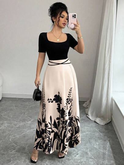 Rafferiza Vestido midi elegante para mujer con cuello cuadrado, cintura con lazo y estampado de estilo chino