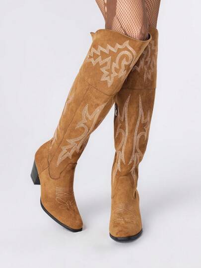 Fairycore Women's Cowgirl Boots, Spring/Autumn New Forest Green Details Embroidered Western Boots, Outdoor Fashion Over-The-Knee Slip-On Boots