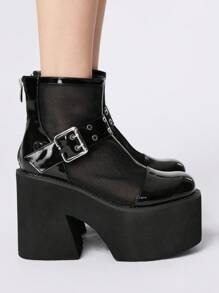 ROMWE Grunge Punk Botas de tobillo con plataforma y tacón alto de mujer, con diseño calado, de moda - Negro - Ver 4