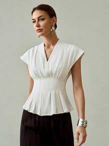 MOTF PREMIUM V-NECK FOLD PLEATED BATWING SLEEVE PEPLUM TOP