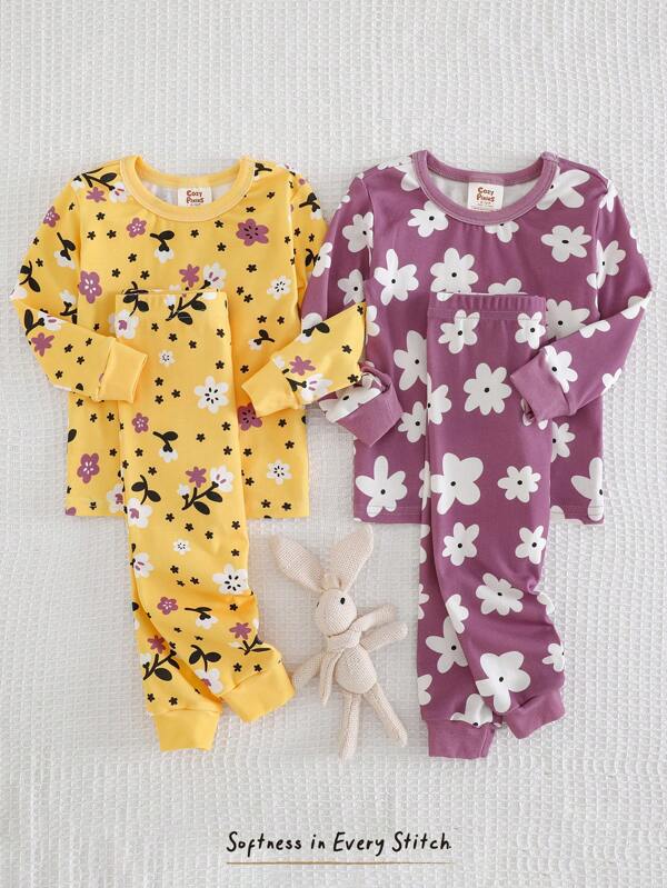 Cozy Pixies Conjunto de 4 piezas de pijama ajustado para niña bebé - Top de cuello redondo de manga larga y pantalones largos de cintura elástica de tela de punto suave con estampado floral