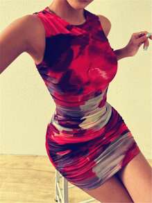 Chiquease Women Summer Tie Dye Print Sleeveless Ruched Bodycon Tank Dress For New Year Clothes