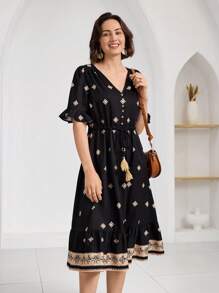 Miaspire Spring/Summer Casual Retro Print Mid-Length Dress For Women - Black - View 5