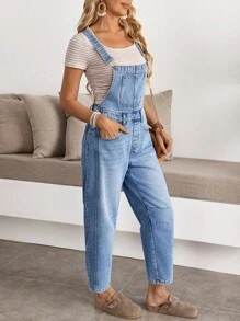 EMERY ROSE 女士休闲简约宽肩带扣牛仔工装裤 - 藍色 - 查看 7