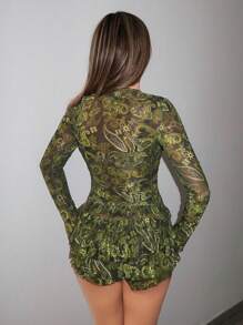 SHEIN ICON 长袖网眼印花开衫和低腰半身裙两件套 7 月 4 日女士服装 - 綠色 - 查看 2