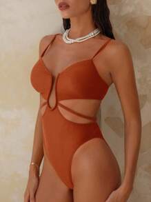 Swim Chiccia 1pc Women's V-Neck Cutout Elegant Split Shoulder One-Piece Swimsuit For Holiday For Summer Beach Vacation - Mocha Brown - View 3