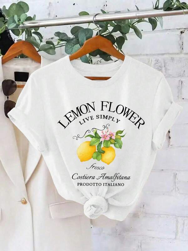 Lässiges und bequemes T-Shirt mit Rundhalsausschnitt und Zitronenbuchstaben-Grafik für Tween Mädchen, geeignet für den Sommer