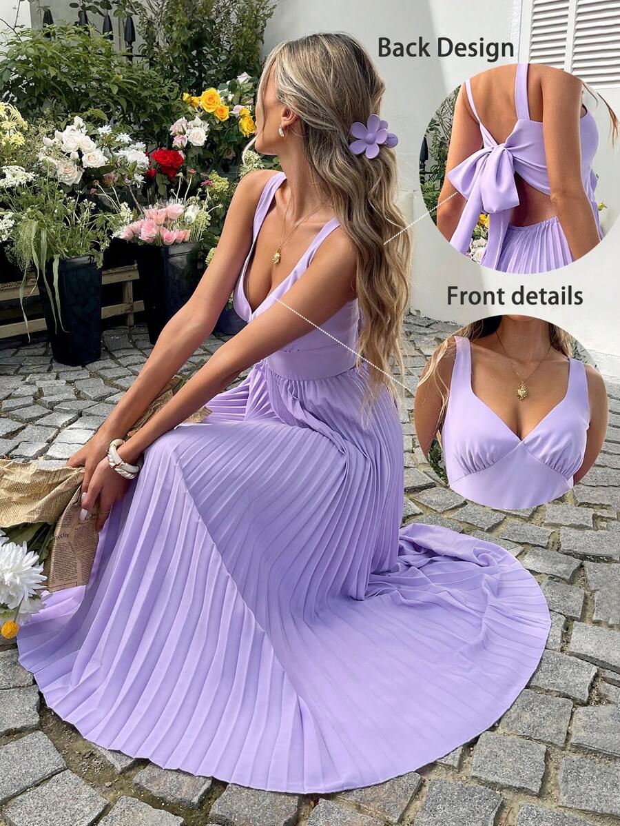 SHEIN LUNE Vestido largo sin mangas de unicolor casual con pliegues en la espalda y lazo de moño, adecuado para viajar, uso diario, verano - Púrpura malva - Ver 1