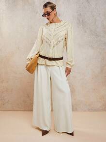 COSMINA Women's Solid Color Lace Trim Panel Cuff Elegant Single-Breasted Blouse - Beige - View 3