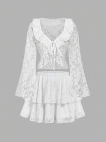 SHEIN MOD Elegant White Autumn Tea Party Set,Women's Vintage Ruffled Top&Multi-Layered Cake Skirt,Lace Bell Sleeves Fairycore Ballet Style Outfit - White - View 1