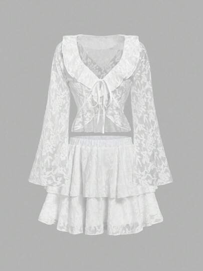 SHEIN MOD Vintage Romantic Court Glamorous White Multi-Layered Cake Skirt And Ruffled Women's Top Set - Multi-Layered Ruffles, Lace, Bell Sleeves, Ballet Style, Cute, Perfect For Dates, Holidays, Birthday Outfits, Festive Attire, And Party Wear,Beach Outfits For Woman,Fairycore