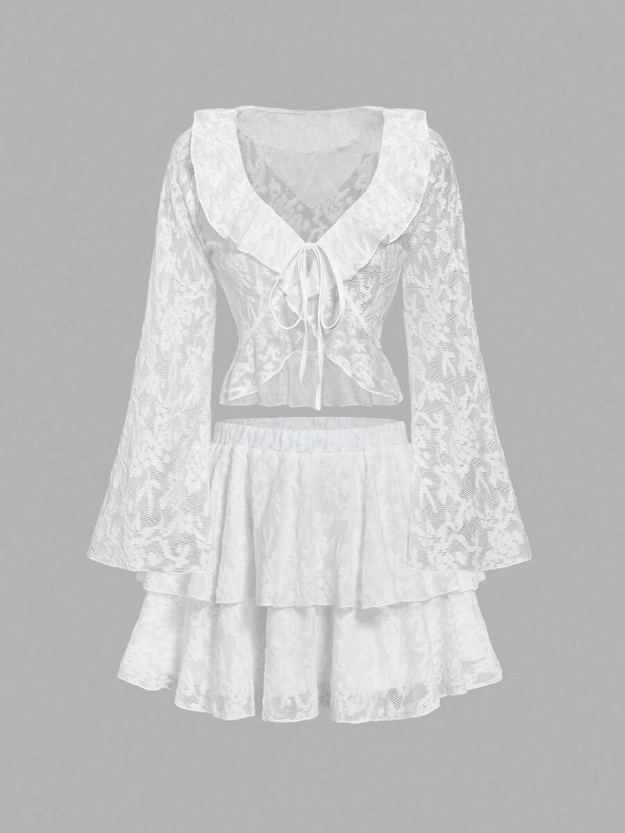 SHEIN MOD Elegant White Autumn Tea Party Set,Women's Vintage Ruffled Top&Multi-Layered Cake Skirt,Lace Bell Sleeves Fairycore Ballet Style Outfit - White - View 1