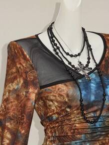 SHEIN ICON 复古图案印花网眼嵌件不对称修身喇叭袖 T 恤 - 卡其色 - 查看 7