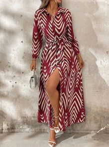 SHEIN Clasi 女式优雅衬衫领系带衬衫裙 - 酒紅色 - 查看 5