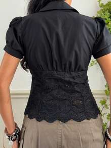 SHEIN EZwear 女式短款泡泡袖褶饰刺绣梭织衬衫 - 黑色 - 黑色 - 查看 2