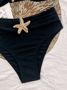 Costavie 2026 Spring/Summer Women's Black Bandeau Bikini Set With Gold 3D Starfish Decoration, Detachable Halter Strap, Elegant Two Pieces Swimsuit - Black - View 5