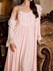 PalaceNights Set de 2 piezas de pijama: Camisón con bordado floral y bata, ropa de otoño e invierno - Rosa - Ver 6