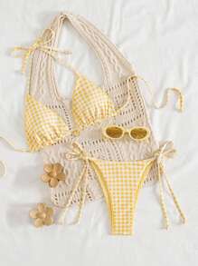 Swim Mod Bộ bikini tam giác màu vàng cổ yếm 2 lớp vải ngọt ngào dành cho nữ, có dây buộc eo bên hông, quần ngắn gợi cảm, mùa hè - Màu vàng - Xem 3
