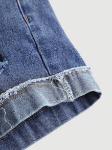 SHEIN Girlism Distressed Fashion Denim Shorts, Suitable For Teen Girls In Summer - Dark Wash - View 5