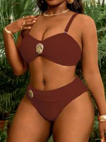 Slaydiva New Plus Size Women Bandeau Two Pieces Bikini Set, White Removable Strap Triangle Swimwear For Summer Beach Vacation - Brown - View 5