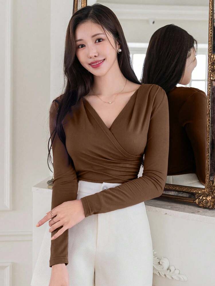 Women's Elegant Solid Color V-Neck Wrap T-Shirt, Suitable For Valentine's Day Fall Tops Long Sleeve Top