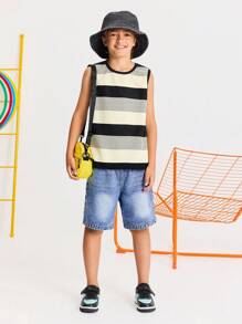SHEIN Tween Boys' Casual Striped Crew Neck Tank Top & Denim Shorts Set, Comfortable & Simple - Blue - View 1
