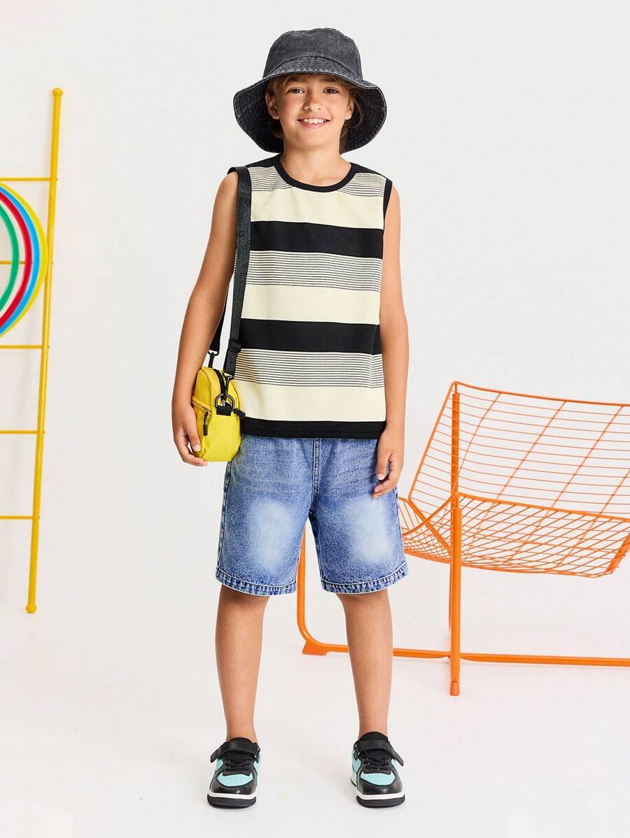 SHEIN Tween Boys' Casual Striped Crew Neck Tank Top & Denim Shorts Set, Comfortable & Simple - Blue - View 1
