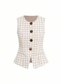 Ellevyn French Style Women Sleeveless Metallic Button Vest Blouse For Commuting Fall Women Clothes Old Money Style Women  Work/Office Business Casual Woman Office Outfits For Women  Teacher Outfits For Women  Vintage Clothes Women  Business Casual Woman  Tops Set Teacher Outfits For Women Fall Women Clothes