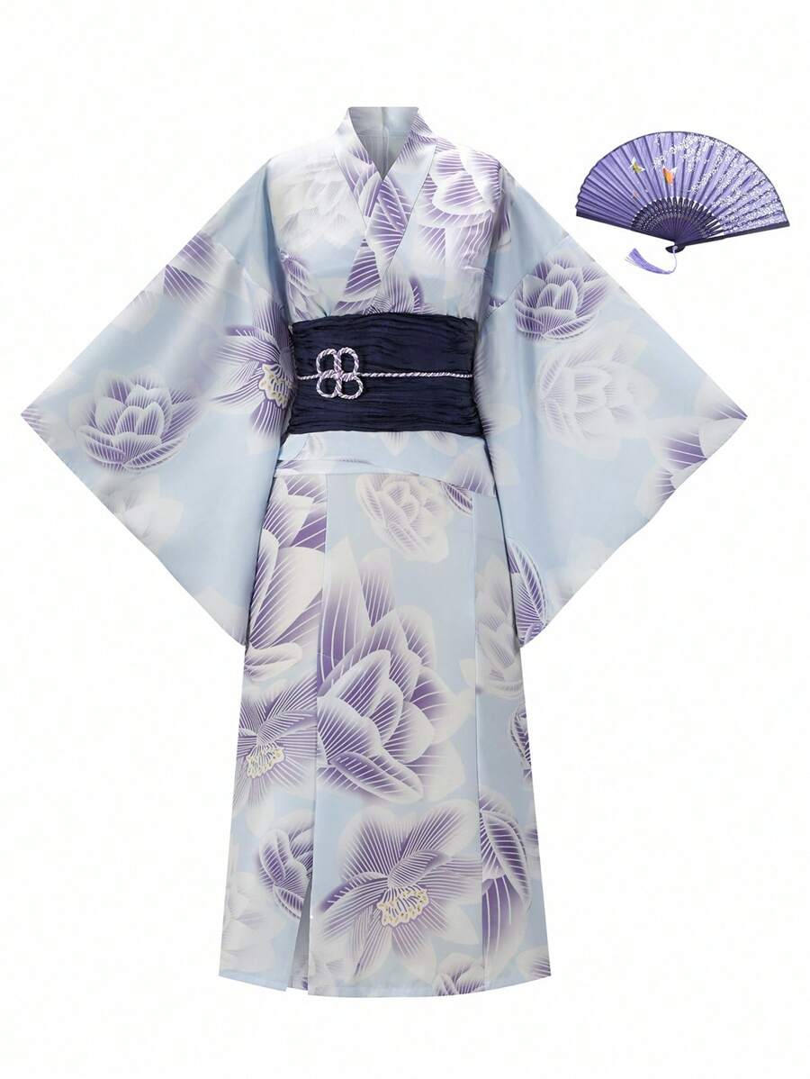 Irokai 莲花印花喇叭袖日式浴衣