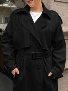 SHEIN EZwear Women Plus Size Long Sleeve Casual Black Long Trench Coat - Black - View 8