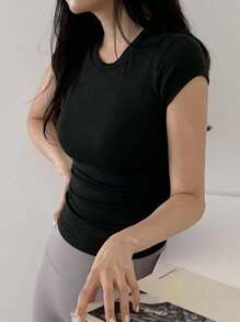 DAZY 女士休闲基本款圆领运动瑜伽 T 恤，黑色，夏季 - 黑色 - 查看 3