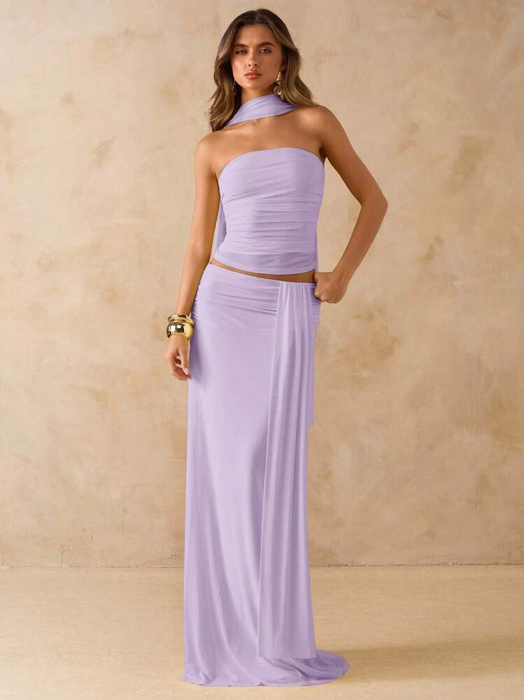 SHEIN BAE 2pcs/Set Women Summer Solid Pink Ruched Bandeau Top & Low Waist Ruched Tie Maxi Skirt, Beach Vacation Outfit, Bohemian Style Backless Dress, Women Music Concert Outfit, Wedding Bridesmaid Party Dress - Mauve Purple - View 1