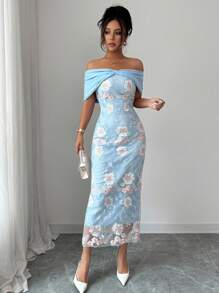 Elenzga Bohemian Butterfly Embroidery Off Shoulder Mid-Length Chiffon Dress, Suitable For Spring/Summer Vacation - Blue - View 4