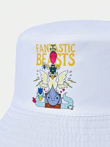 HARRY POTTER X SHEIN Cartoon Letter Graphic White Reversible Bucket Hat, Sun Protection - White - View 3