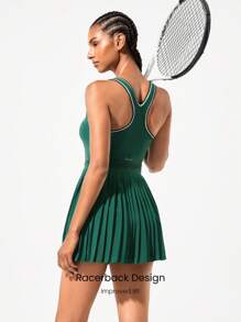 GLOWMODE FeatherFit™-Air Quick-Dry Tennis Built-In Cups Pleated Peekaboo Elasticized Waist Dress With Built-In Shorts Side Pockets Running Workout Gym - Green - View 3